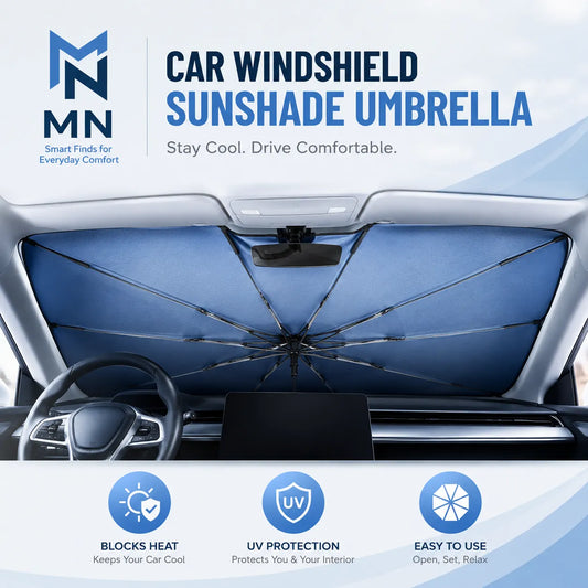 Car windshield sunshade umbrella with features on a blue background