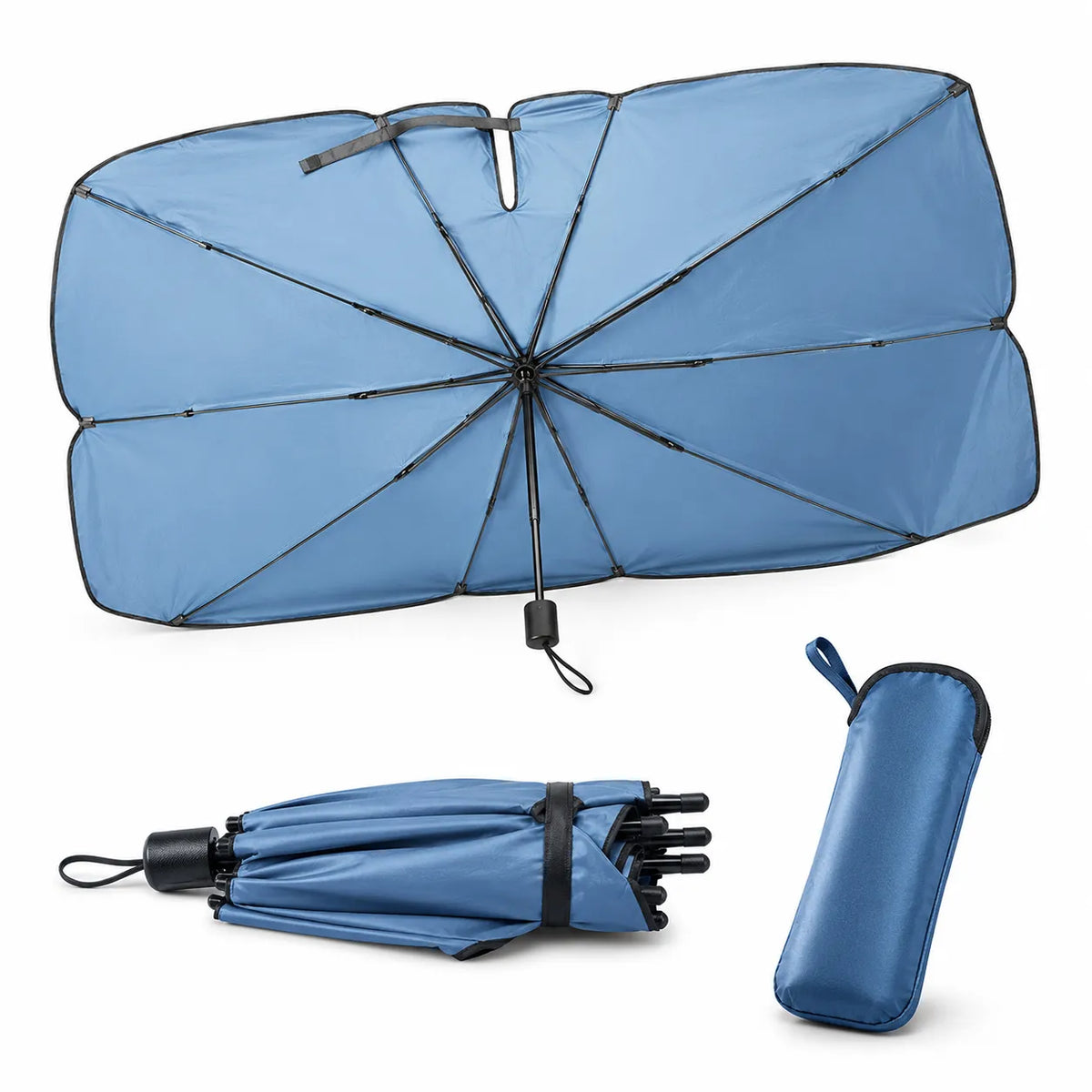 Blue umbrella in various stages of folding with a carrying case on a white background