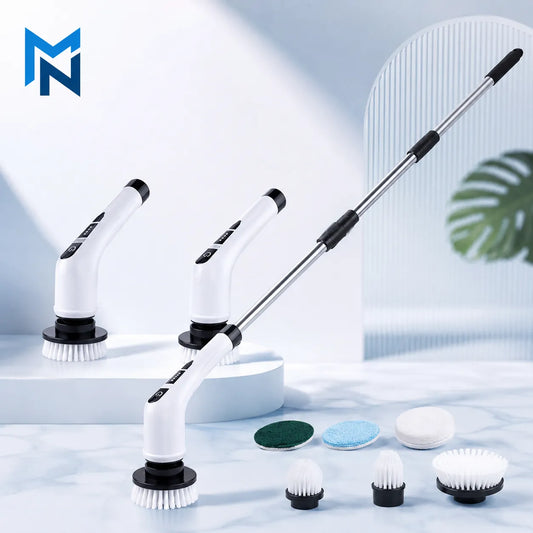 Cleaning tool with attachments on a light blue background