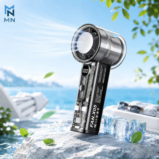 Handheld fan with digital display on a rock by a pool with greenery
