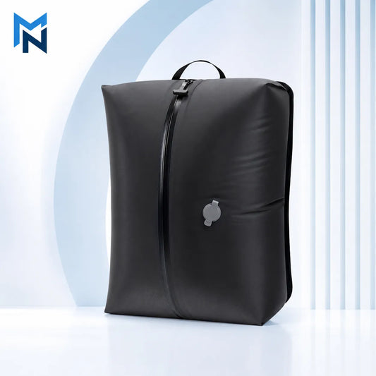 Black backpack with a brand logo on a light blue background