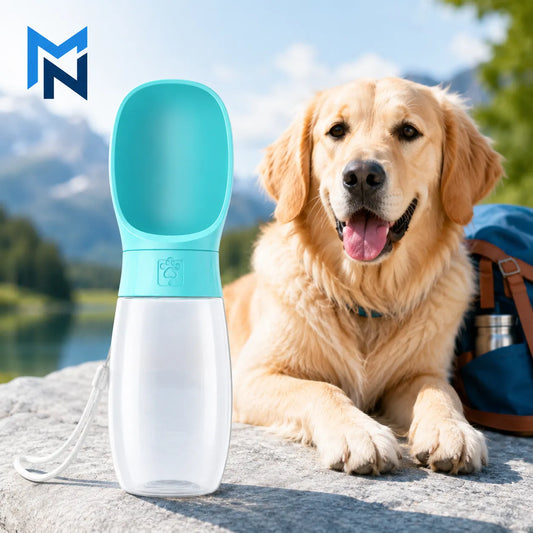 Dog with a blue pet water bottle in a natural setting