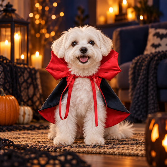 Dog wearing the MN AMERICA Red Vampire Pet Cape in a Halloween lifestyle scene