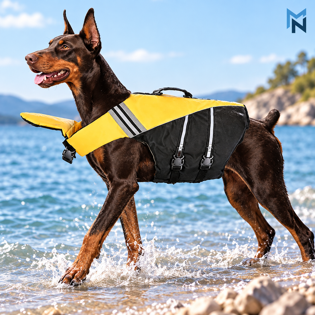 Dog wearing the MN AMERICA Reflective Handle Dog Life Jacket