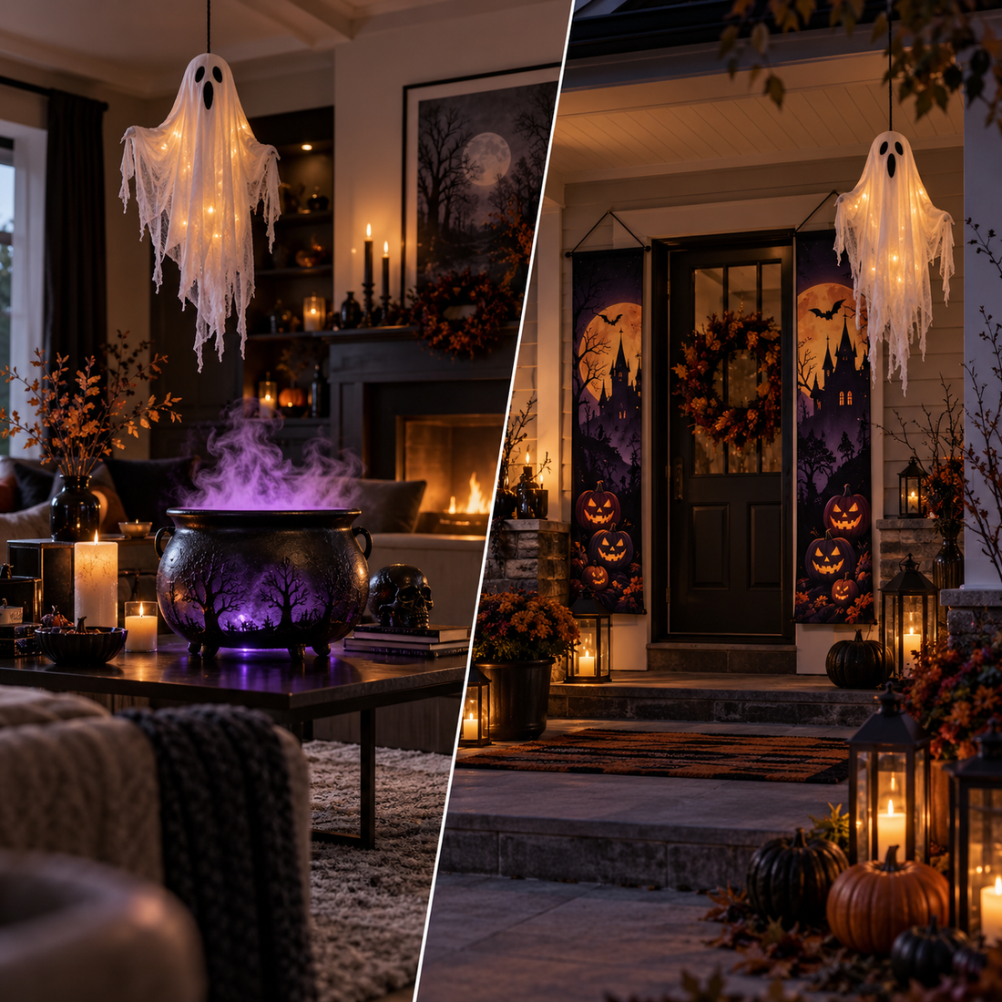 MN AMERICA indoor vs outdoor Halloween decor with mist-glow cauldron, hanging ghost and porch decorations