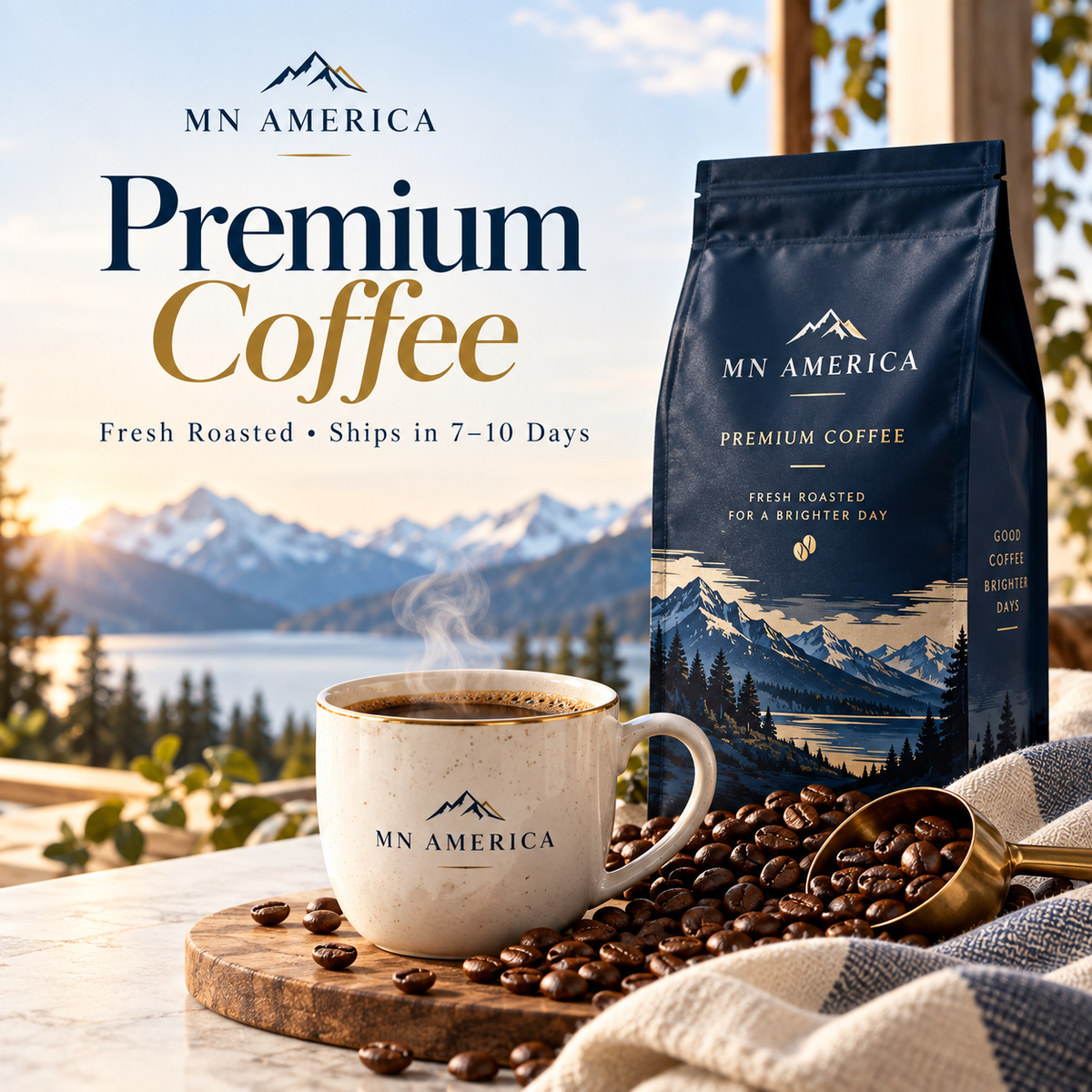 MN AMERICA Premium Coffee collection cover with fresh roasted coffee in navy, cream and gold brand colors