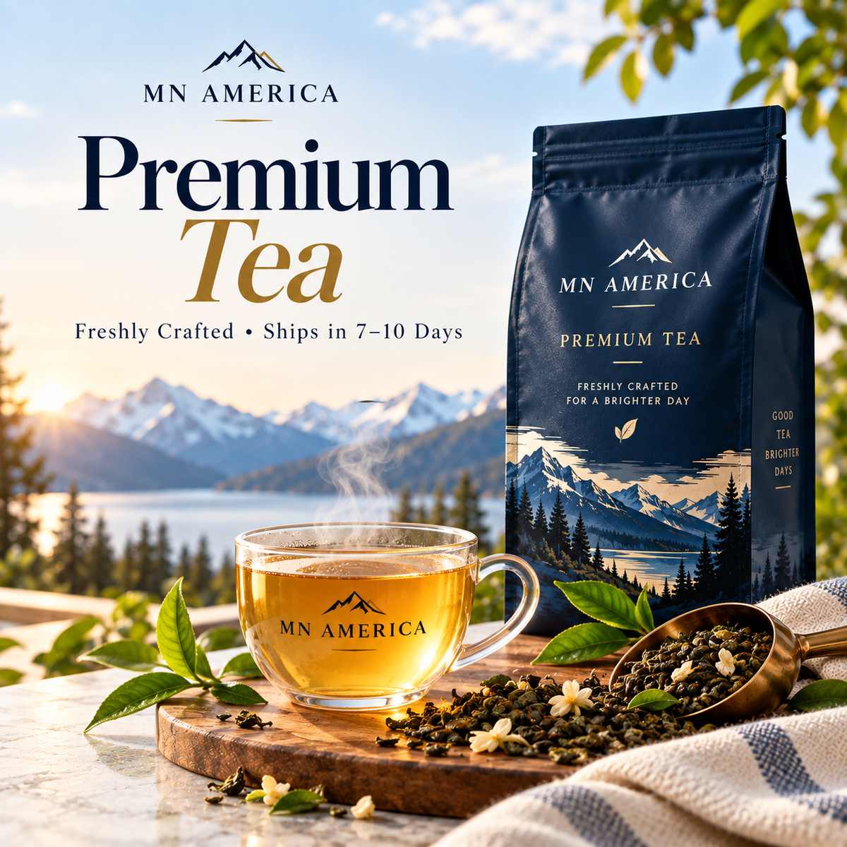 MN AMERICA Premium Tea collection cover with freshly crafted tea in navy, cream, gold and natural green brand colors