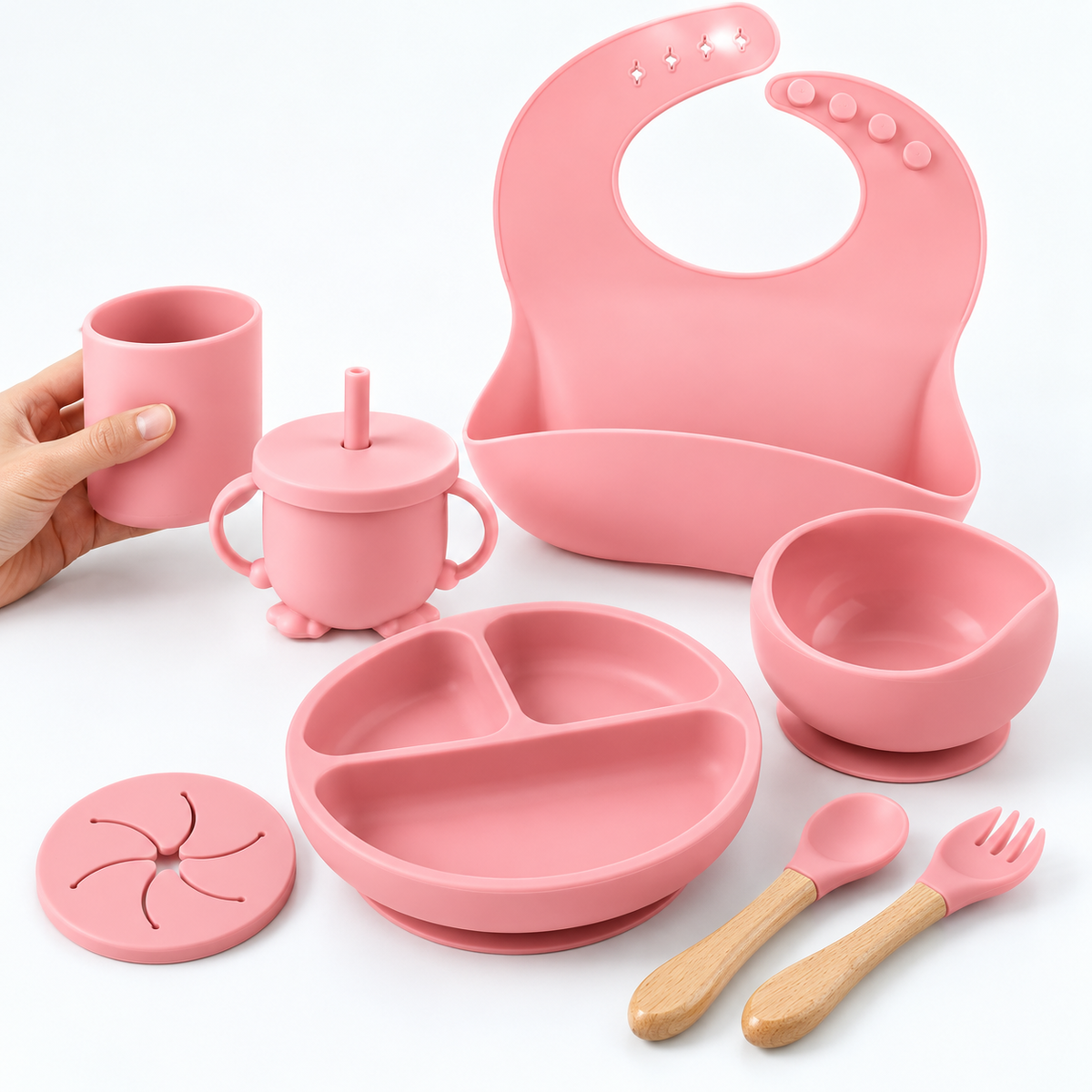 10-Piece Silicone Baby Feeding Set — Variants and scale