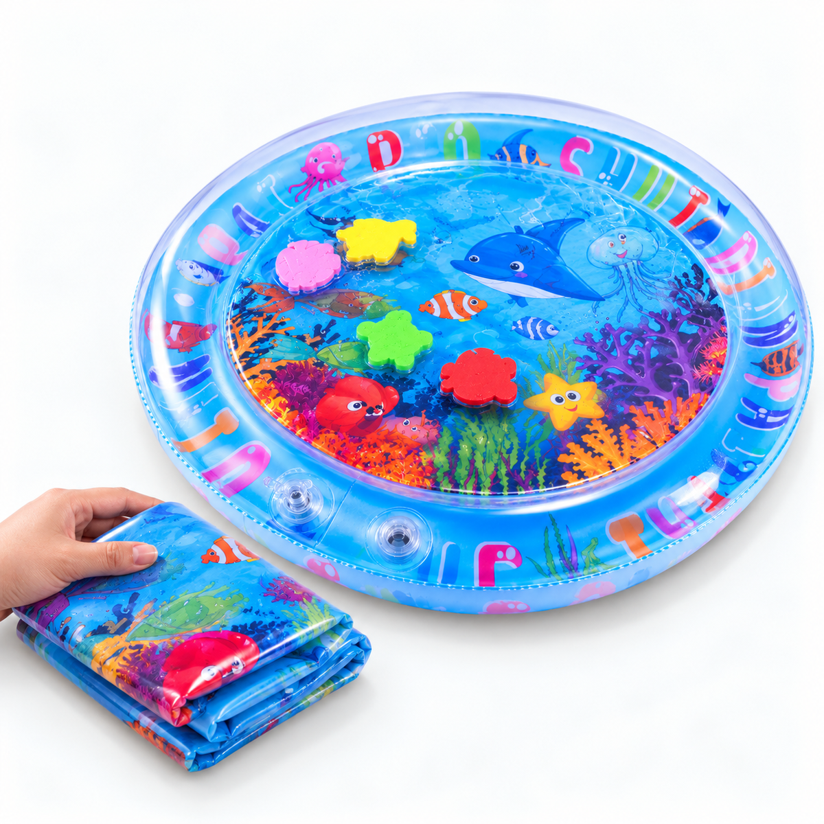 Inflatable Baby Tummy-Time Water Mat — variants and scale