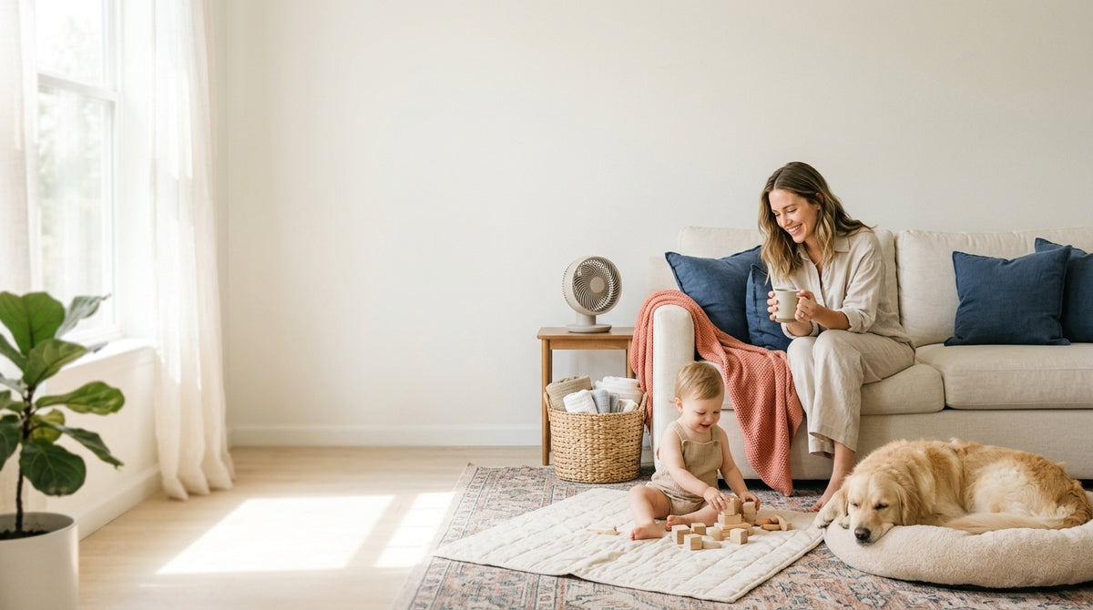 MN HERO DESKTOP 2026 — mother with coffee, toddler and dog in living room