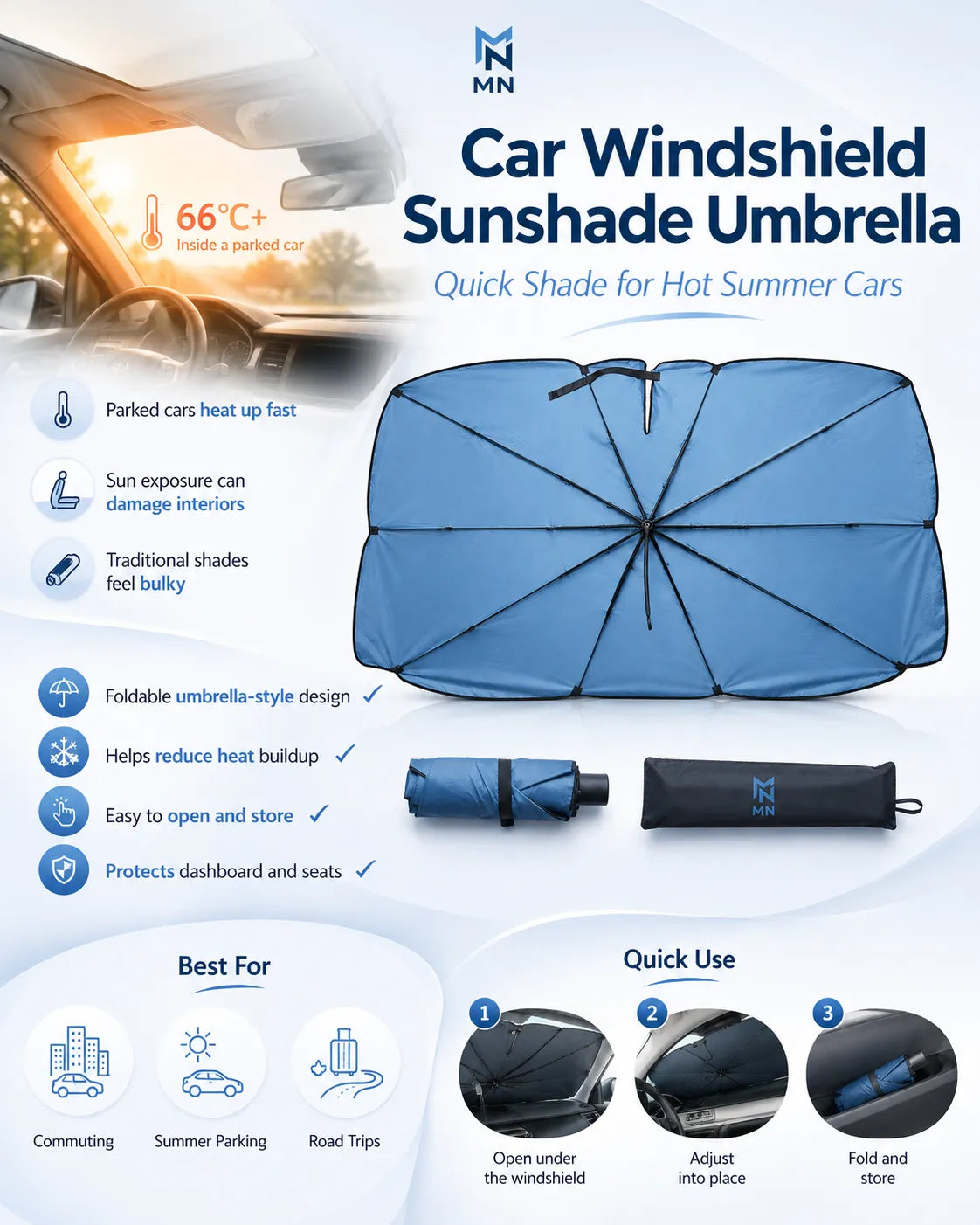 Car Windshield Sunshade Umbrella with features and benefits on a white background