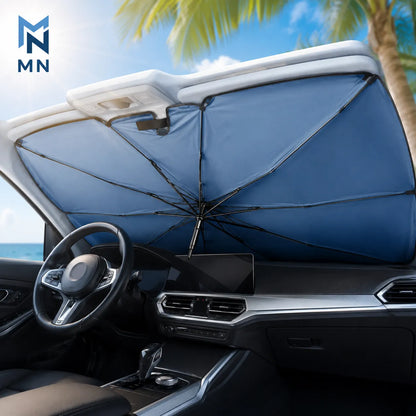 Blue car sunshade with brand logo over a car's windshield, palm trees and blue sky in the background.