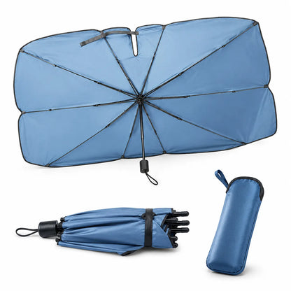 Blue umbrella in various stages of folding with a carrying case on a white background