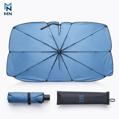 Blue umbrella with folded and rolled-up versions on a white background
