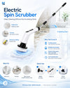 Electric spin scrubber with features and benefits highlighted on a white background