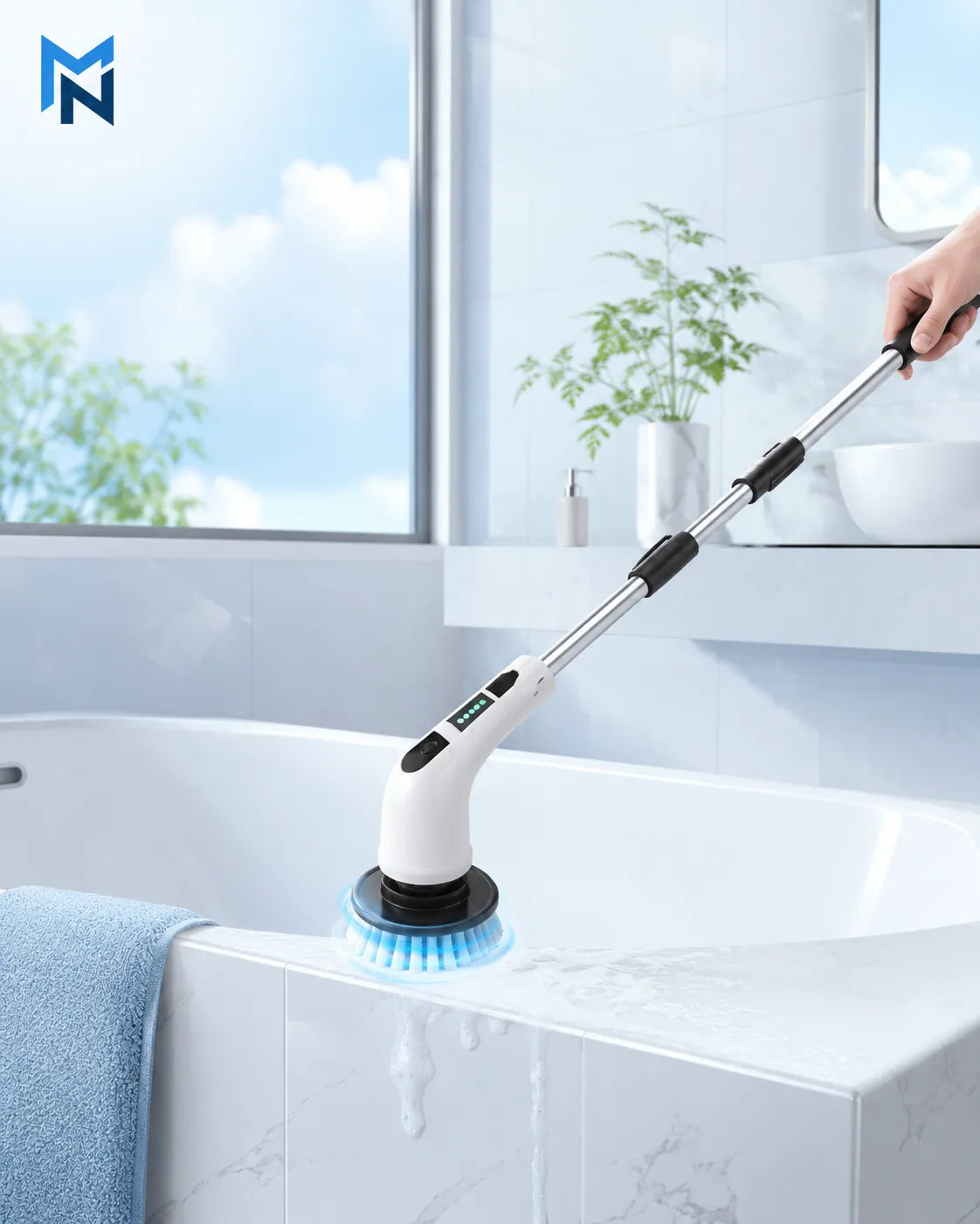 Cleaning tool with a blue brush head cleaning a bathroom sink.