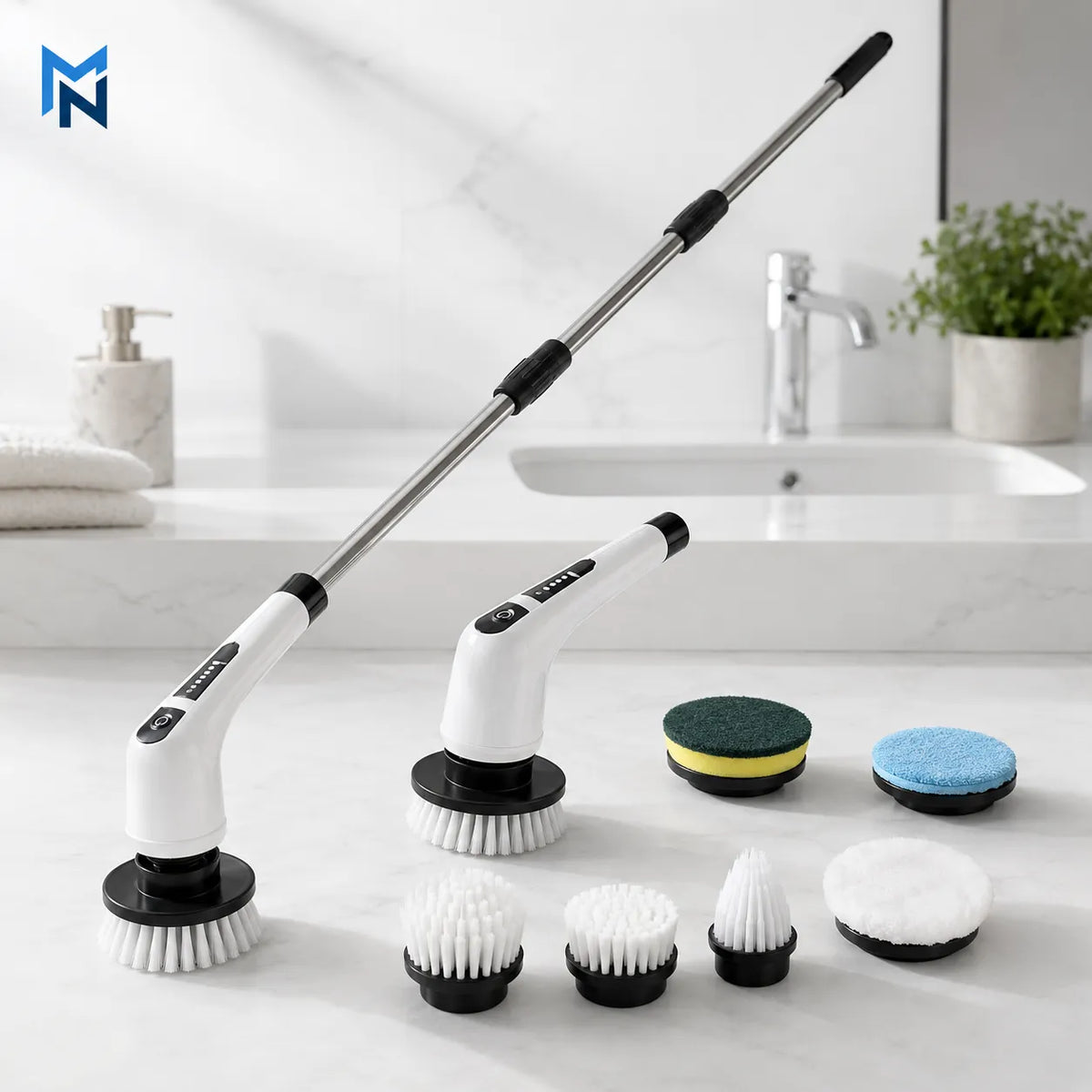 Cleaning tool with various attachments on a bathroom counter