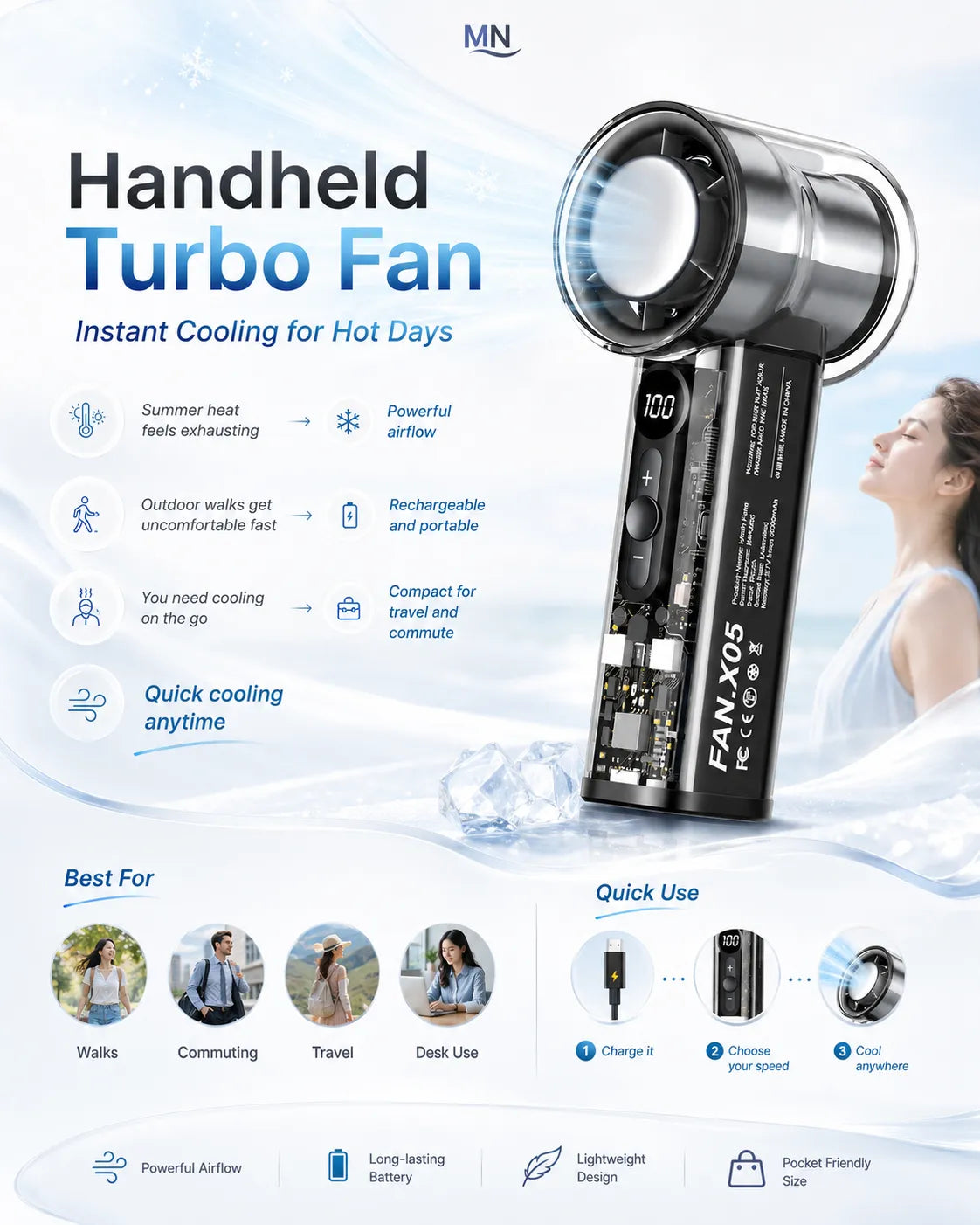 Handheld turbo fan with features and benefits on a blue gradient background