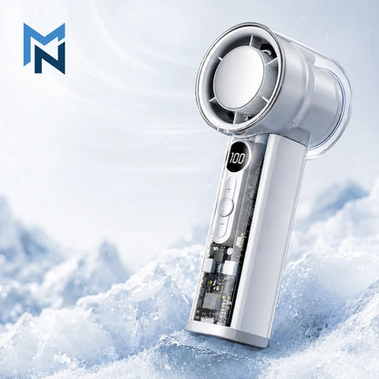 Handheld hair dryer with digital display on a snowy background