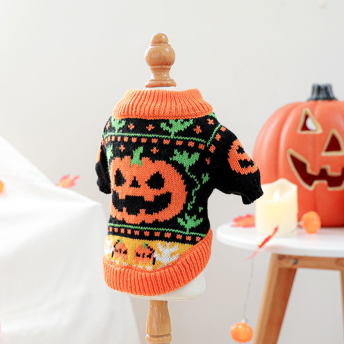 Close view of the pumpkin sweater knit pattern and ribbed trim