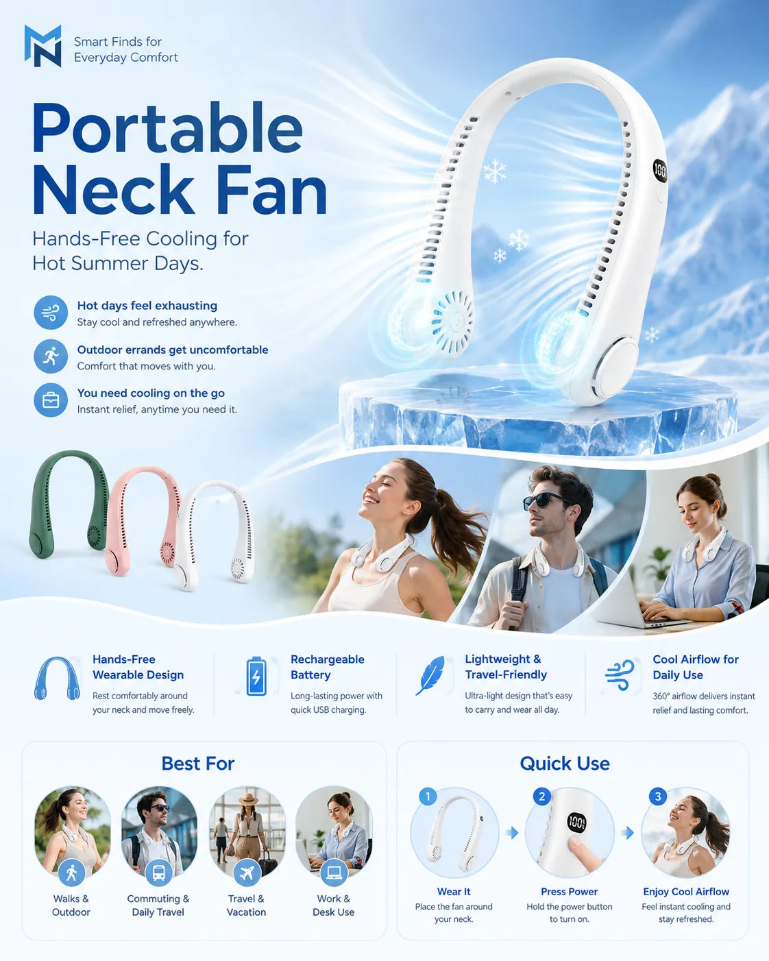 Portable neck fan with features and usage scenarios on a blue sky background