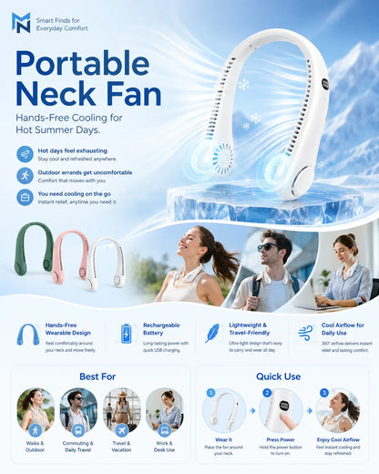 Portable neck fan with features and usage scenarios on a blue sky background