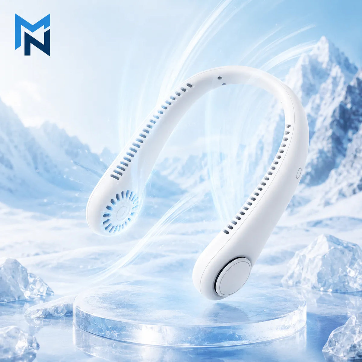 White neckband with microphone on a icy mountain background