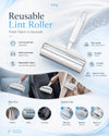 Reusable lint roller with features and uses on a blue background