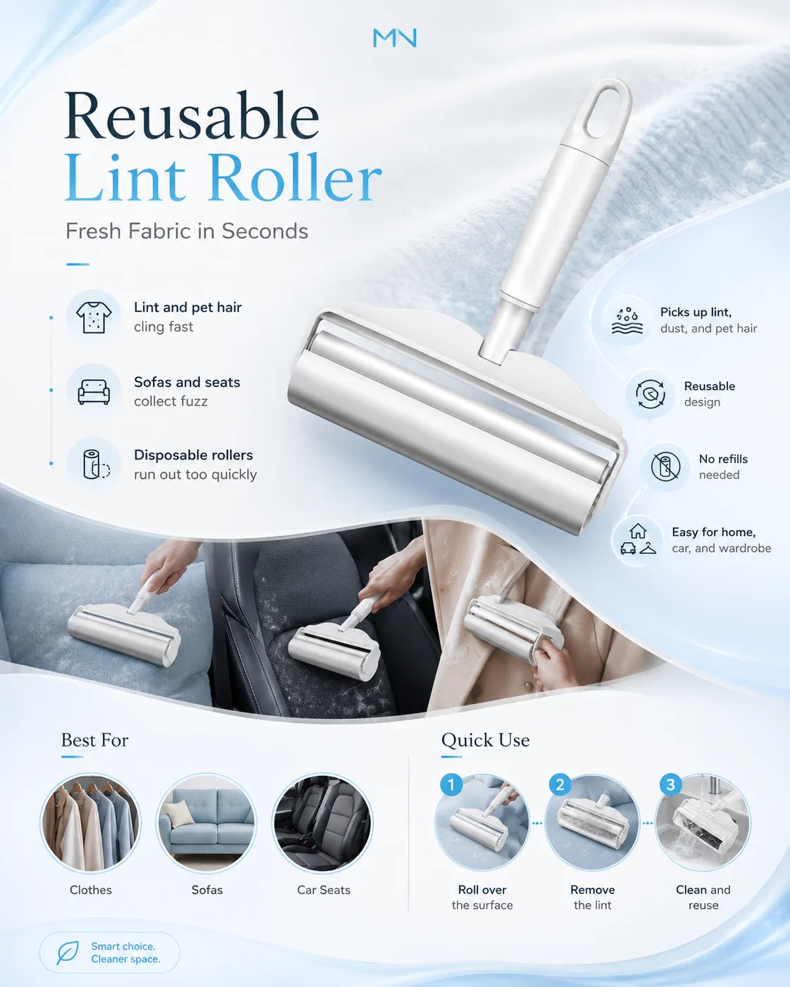 Reusable lint roller with features and uses on a blue background