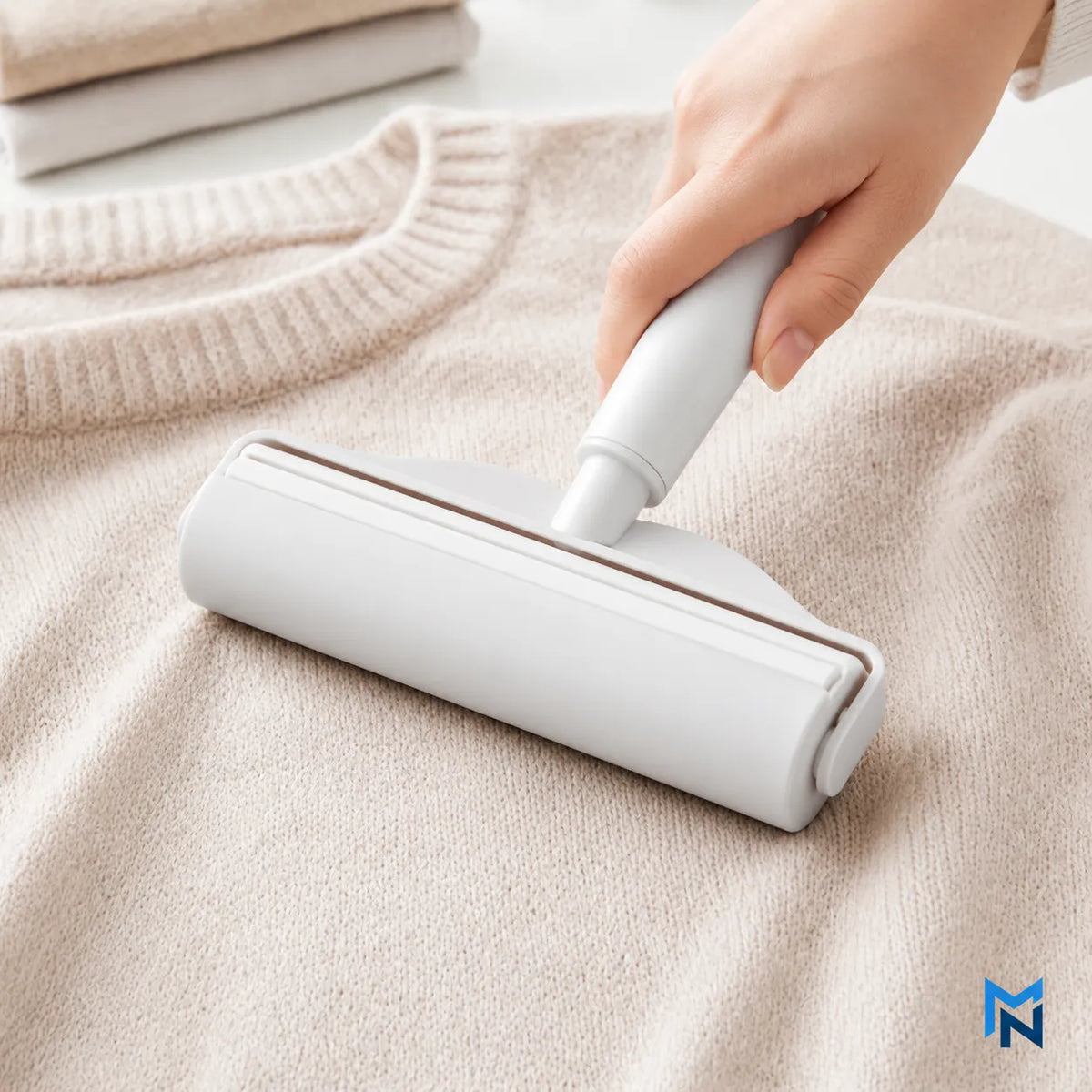 Hand using a white fabric roller on a beige sweater