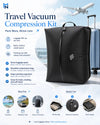 Travel vacuum compression kit with features and benefits highlighted, airplane in the background