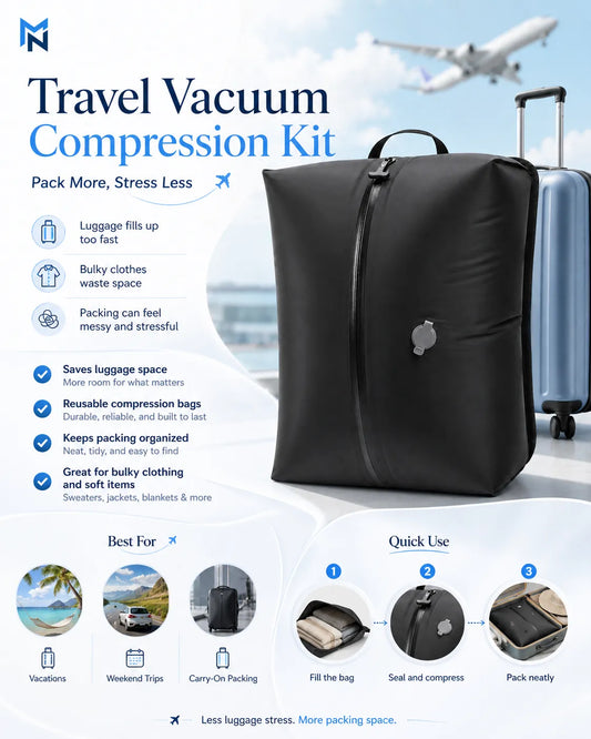 Travel vacuum compression kit with features and benefits highlighted, airplane in the background