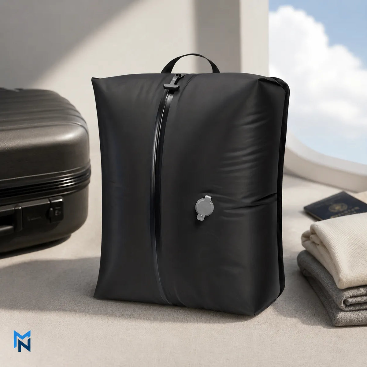 Black travel compression bag next to a suitcase and folded clothes on a light surface with a blurred outdoor background.