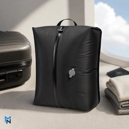 Black travel compression bag next to a suitcase and folded clothes on a light surface with a blurred outdoor background.