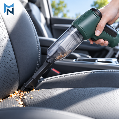 Green cordless mini car vacuum lifestyle photo in car