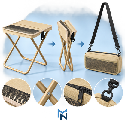 Khaki foldable camping stool, detail view of stool-to-bag transformation