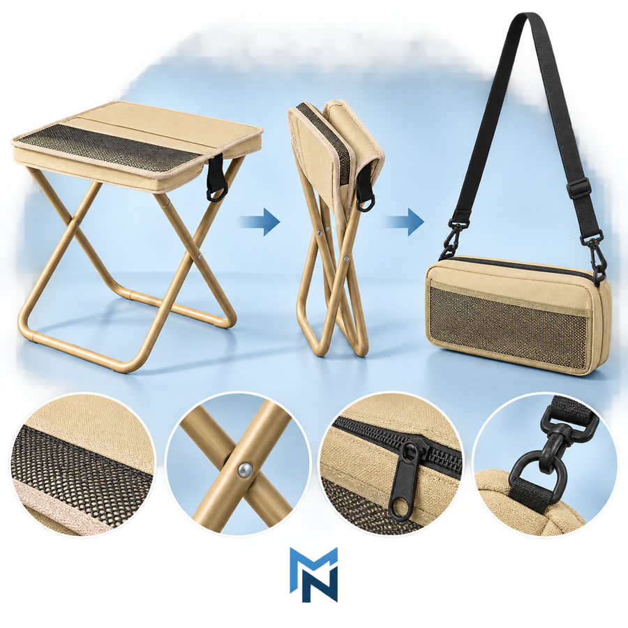 Khaki foldable camping stool, detail view of stool-to-bag transformation