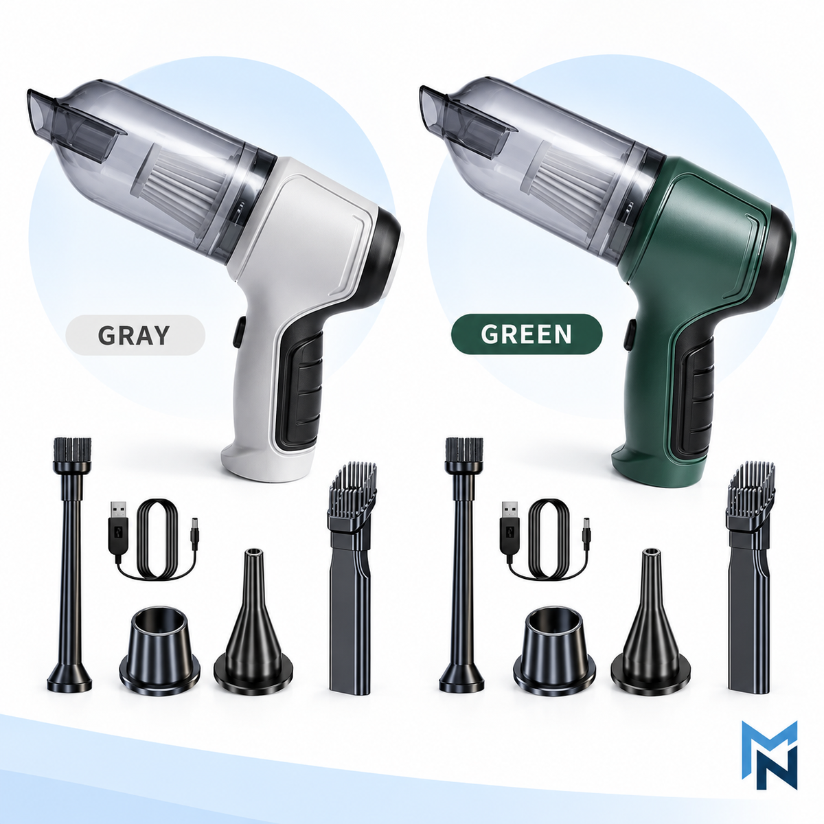 Cordless mini car vacuum in Gray and Green