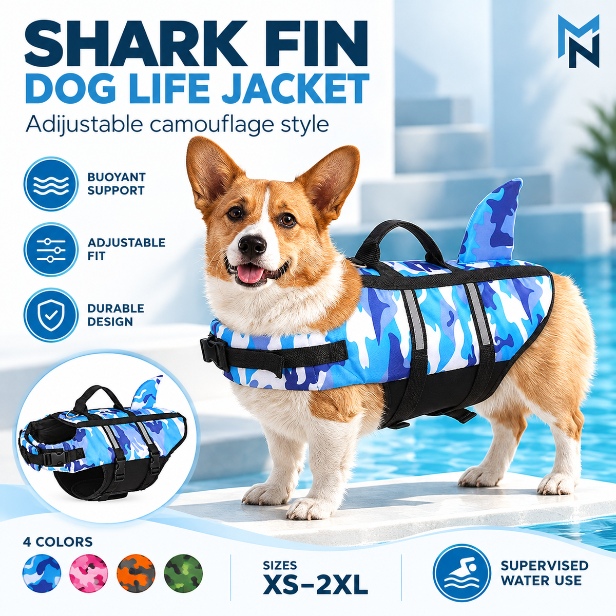 Shark fin camouflage dog life jacket feature image