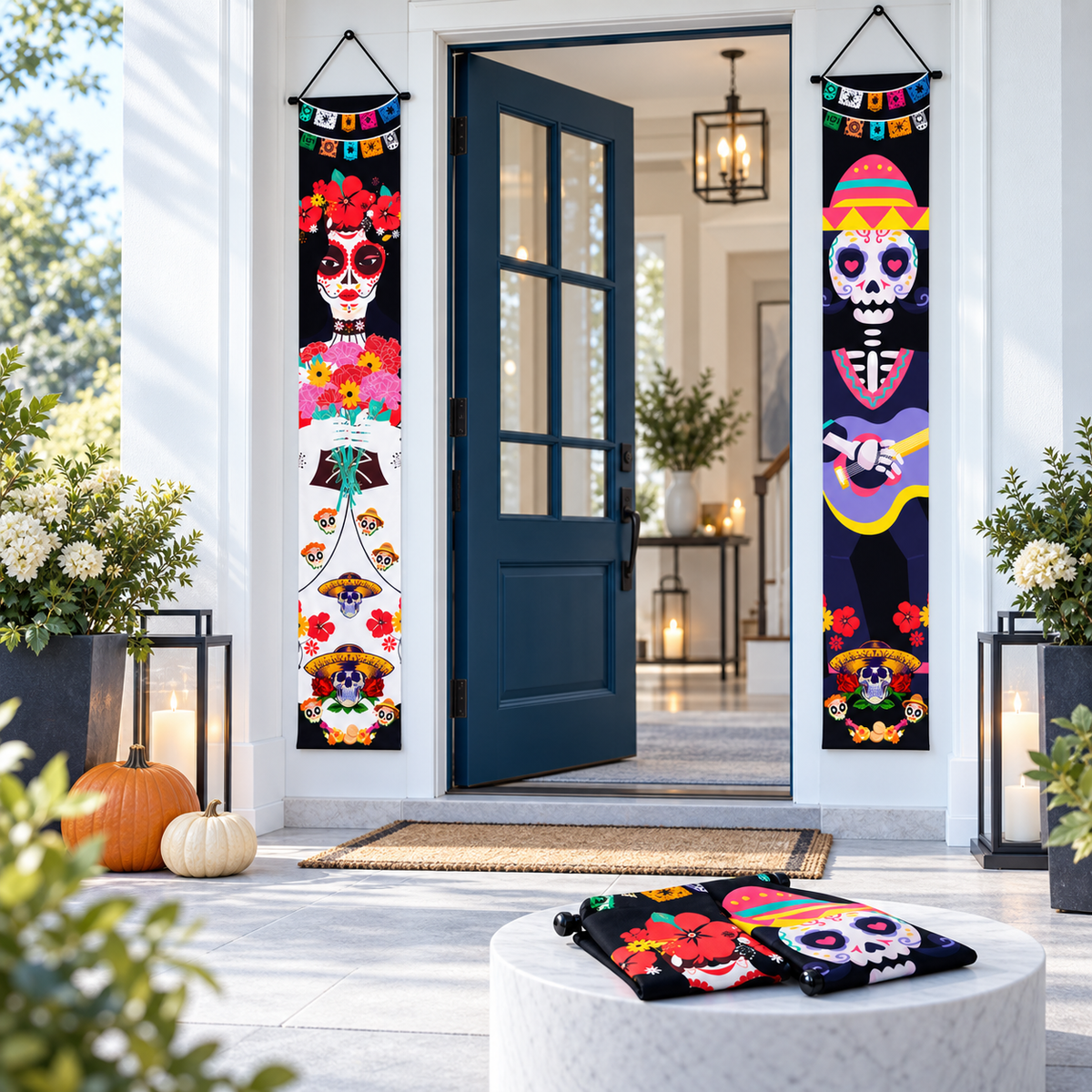 Festive Skeletons Halloween door banner set displayed on a porch entrance