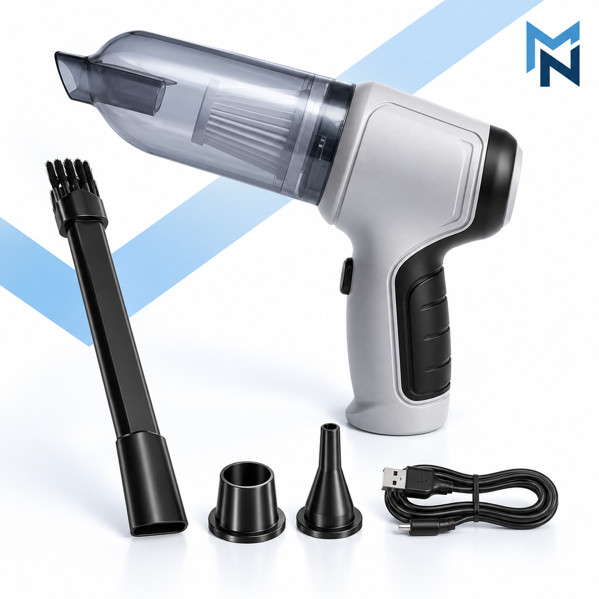 Gray cordless mini car vacuum studio photo