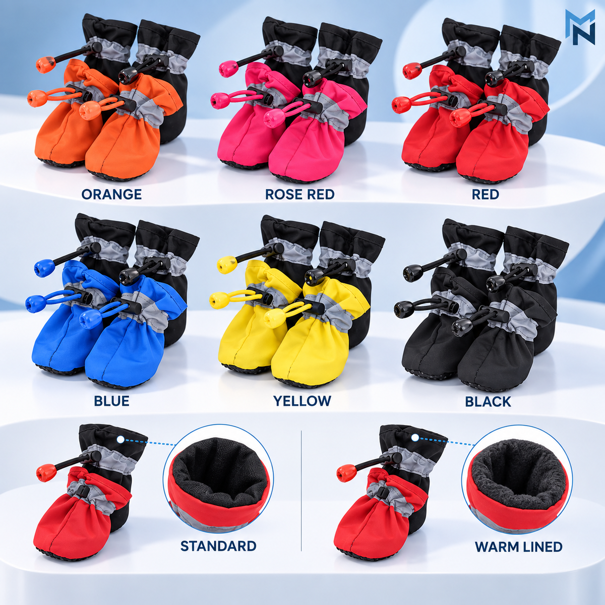 Reflective drawstring dog boots color and size variant overview