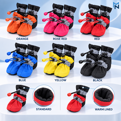 Reflective drawstring dog boots color and size variant overview