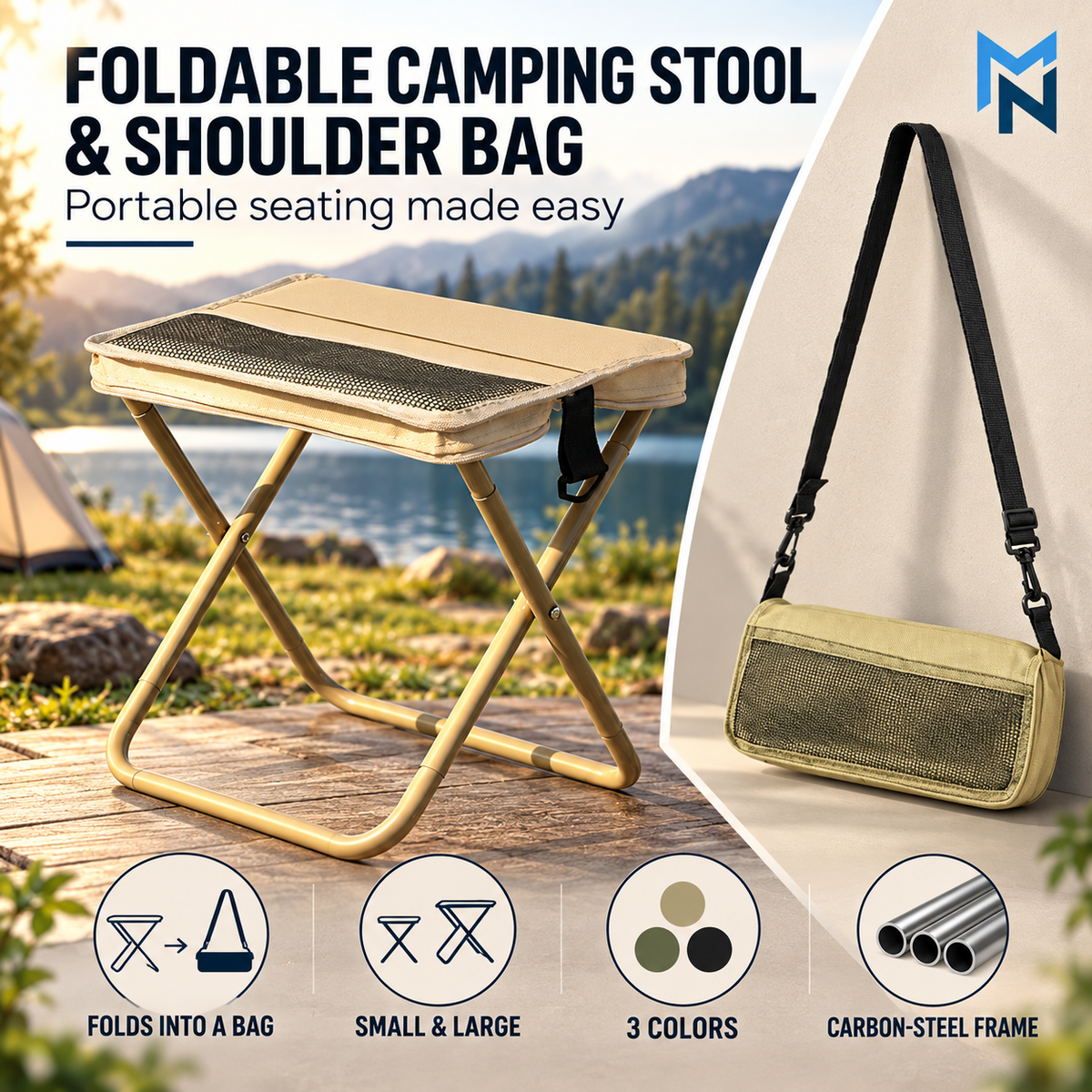 Khaki foldable camping stool, feature highlights