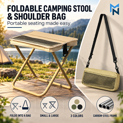Khaki foldable camping stool, feature highlights
