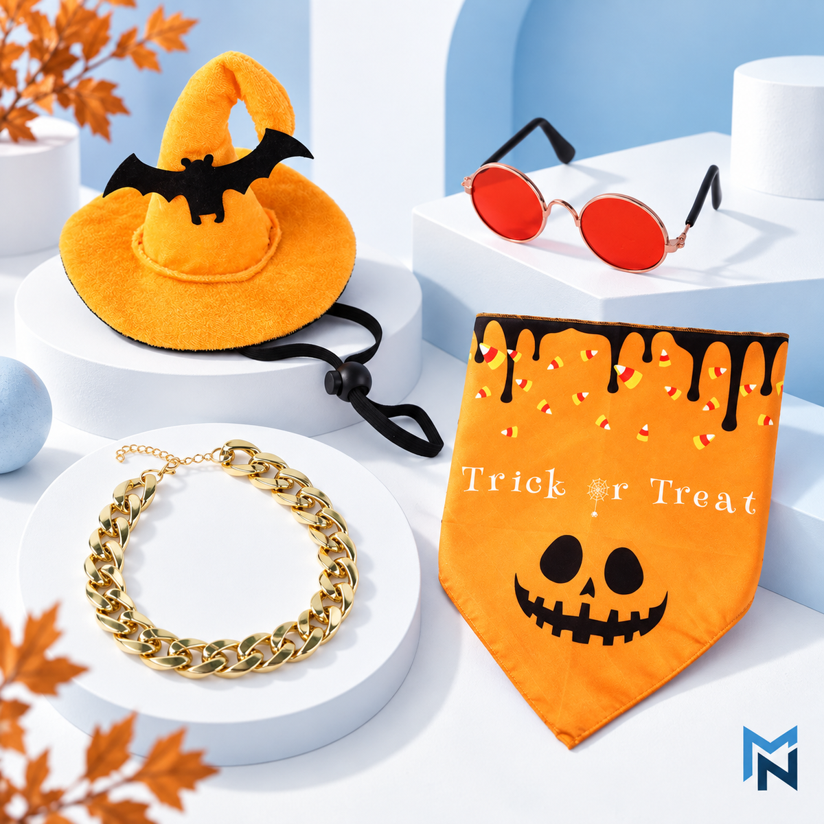 Studio shot of the four-piece Bat Halloween pet dress-up set