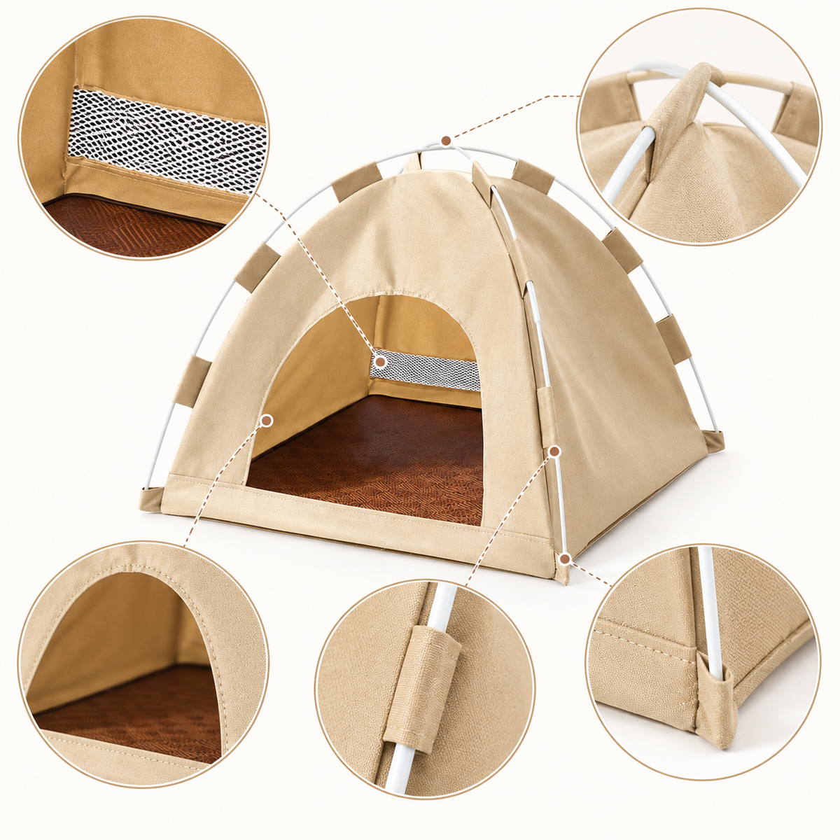 Foldable beige pet hideaway tent construction detail