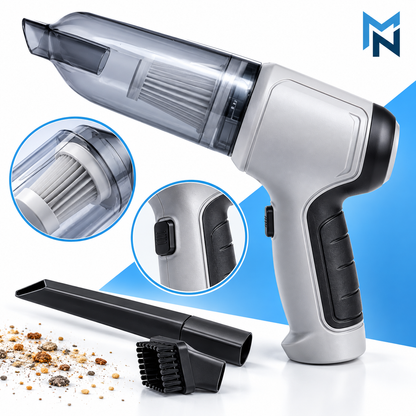 Gray cordless mini car vacuum detail view