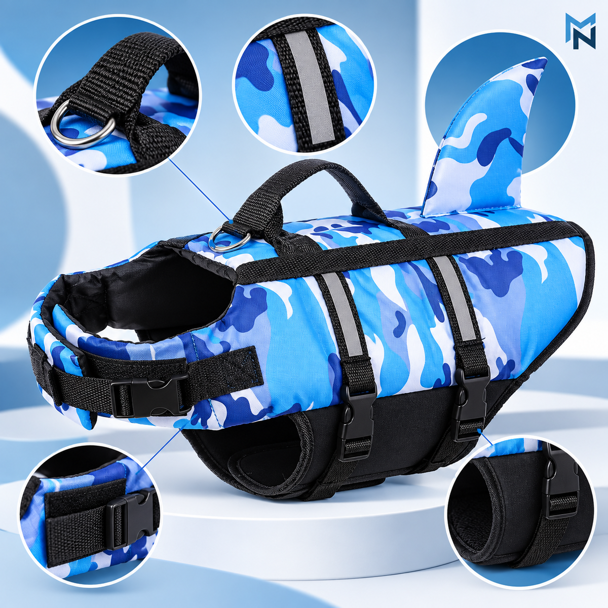 Blue camo shark fin dog life jacket detail image