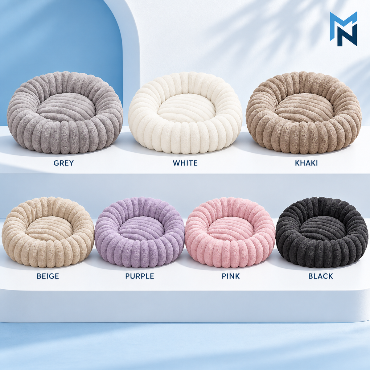 Ribbed plush round pet bed color and size variant overview